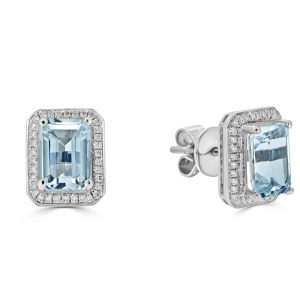 Emerald cut aquamarine with diamond halo studs