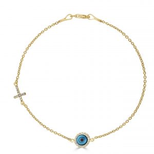 Round Evil Eye and Cross Design Bracelet with Cubic Zirconias