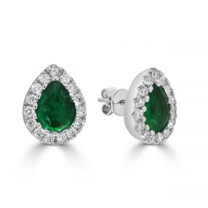Pear Shape Emerald and Diamond Halo Earrings