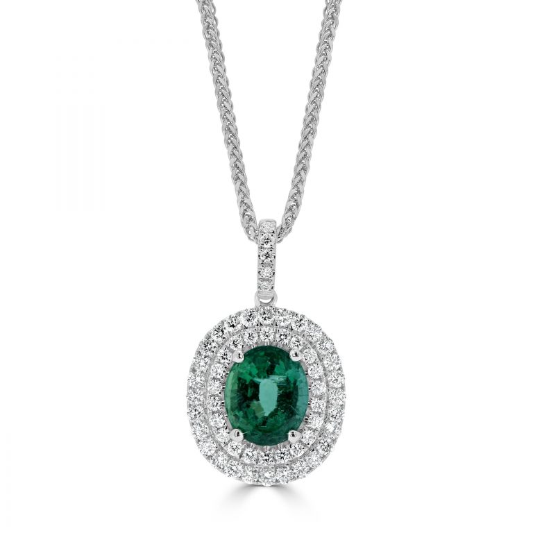 Oval Shape Emerald with Round Diamonds in a Double Halo PendantOval Shape Emerald with Round Diamonds in a Double Halo Pendant