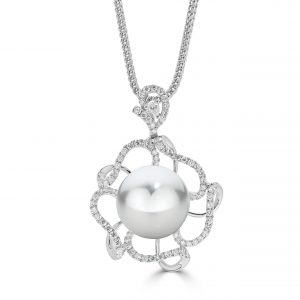 Diamond And South Sea Pearl Drop Pendant and Flower Design
