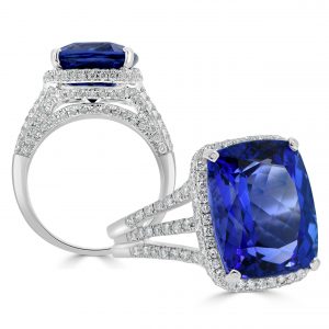 Diamond and Tanzanite Cushion Cut Halo Ring