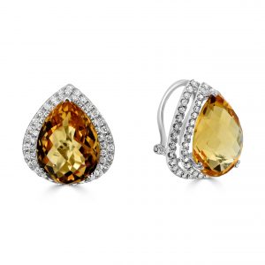 Pear yellow citrine wiht round diamond double halo studs