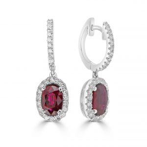 Oval ruby with round diamond halo drop earrings