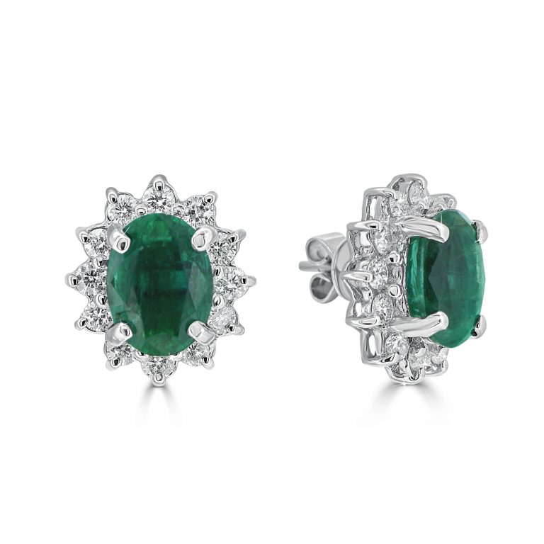 Oval Emerald with Claw-Set Round Diamond Halo StudsEmerald Halo Studs