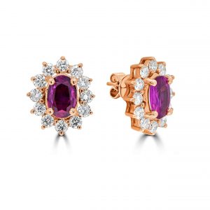 Oval Ruby with round diamond halo studs