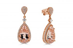 Pear morganite with round diamond halo drop earrings