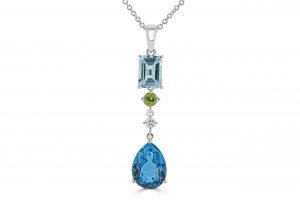 Pear London blue topaz, peridot and aquamarine pendant