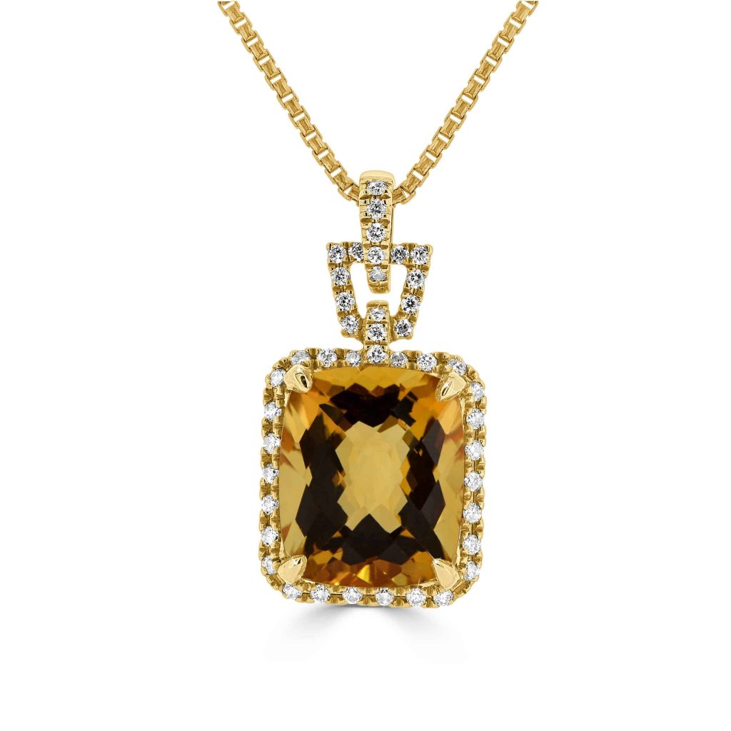 Yellow citrine with round diamond halo pendant
