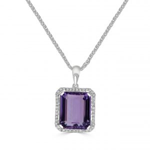 Emerald Cut Amethyst with Diamond Halo Pendant