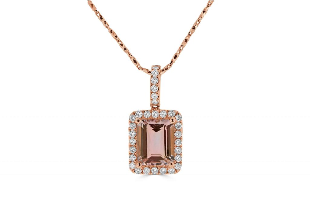 Morganite pendant with diamond halo