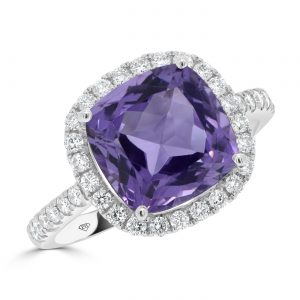 White Gold Amethyst Ring with a Diamond Halo
