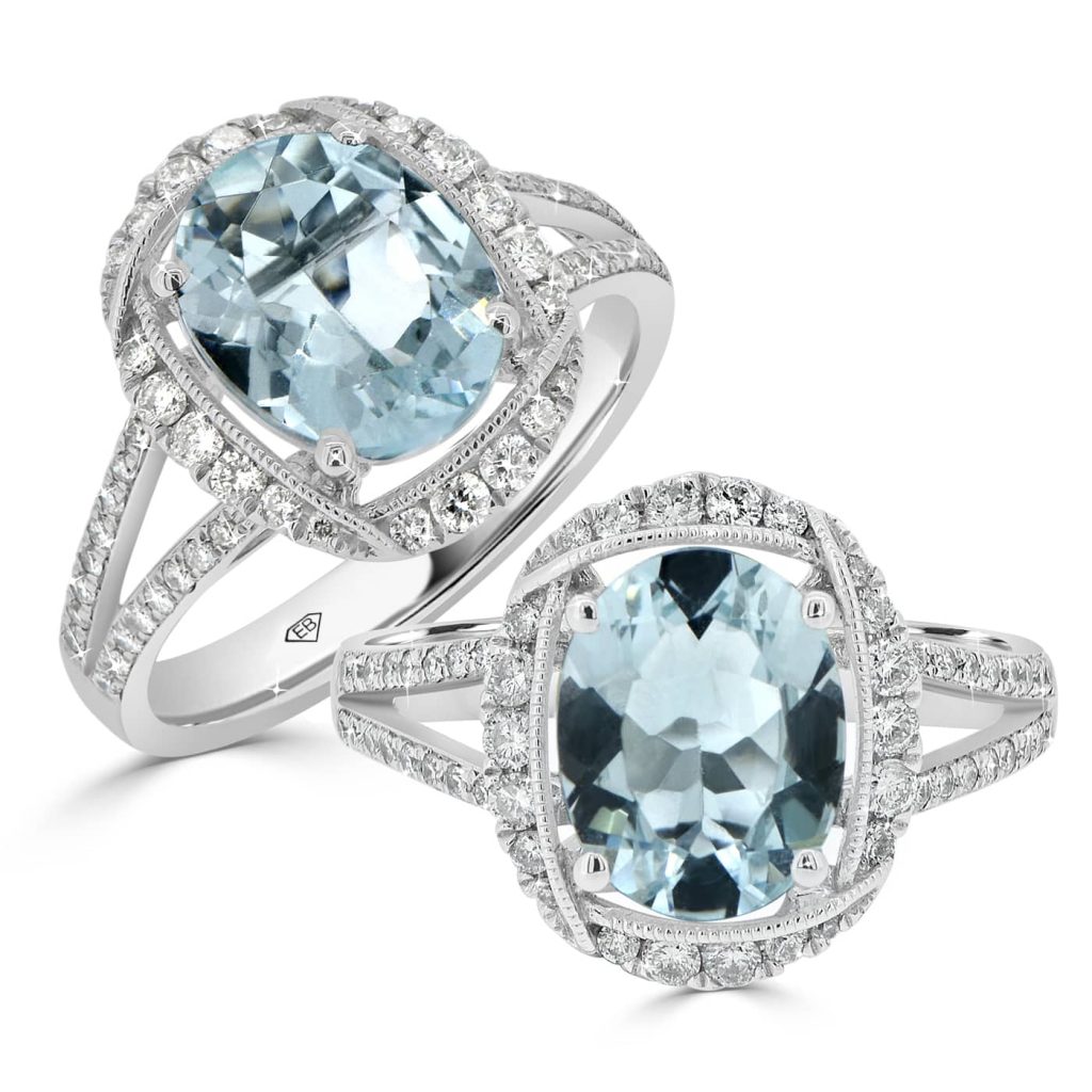 oval cut aquamarine with diamond halo engagement ring