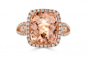 Cushion Morganite with round diamond halo ring