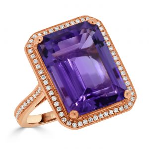 Emerald cut Amethyst Ring with a Diamond Halo