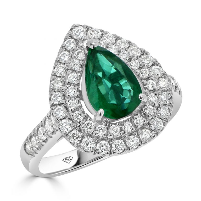 Pear Emerald with double haloOval Cut Emerald Dress Ring