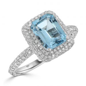 Emerald cut Aquamarine with pavé diamond halo ring