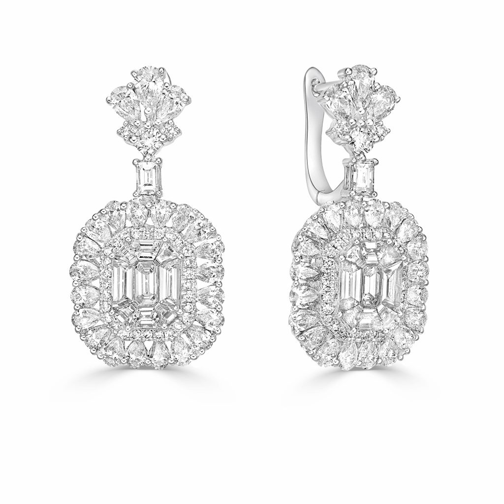 Pear, Round and Baguette Diamond Drop Earrings