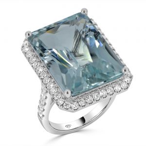 Emerald Aquamarine Ring With Round Brilliant Diamonds Halo