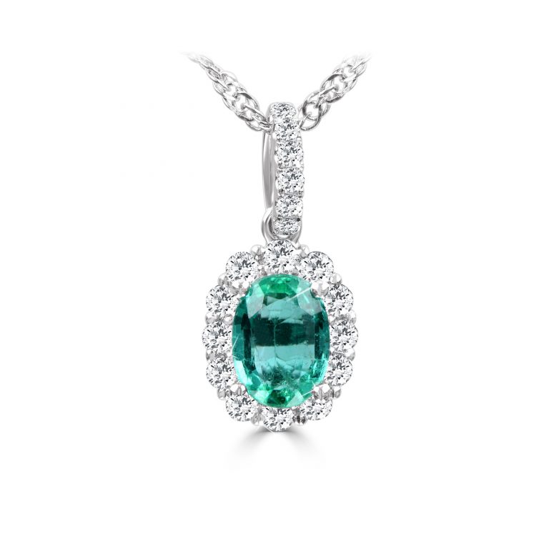 Oval Shape Emerald with Round Diamonds in a Halo PendantEmerald Pendant