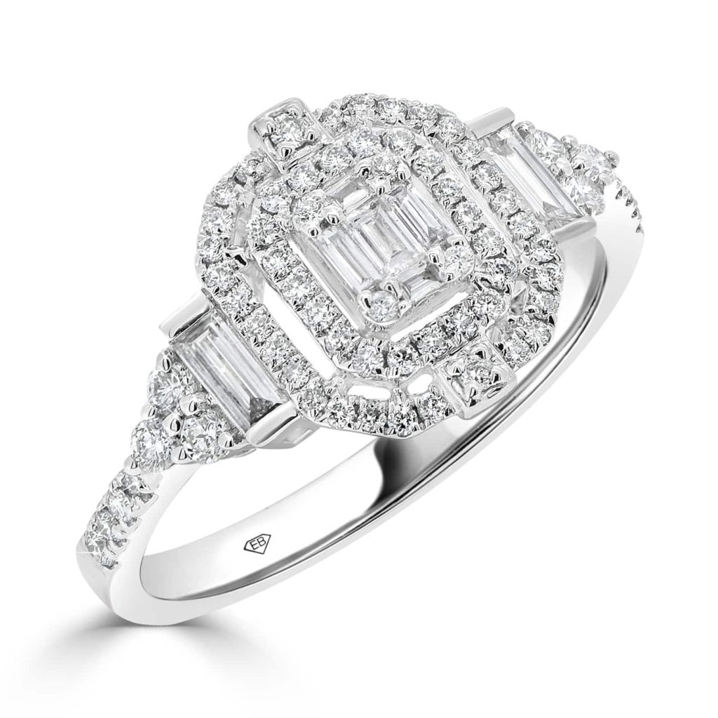Round And Baguette ring with a double halo