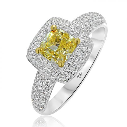 Cushion Cut Yellow Diamond And Pave Ring