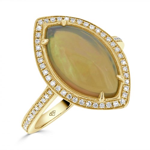 Yellow Gold Marquise Cut Opal Ring With Diamond halo