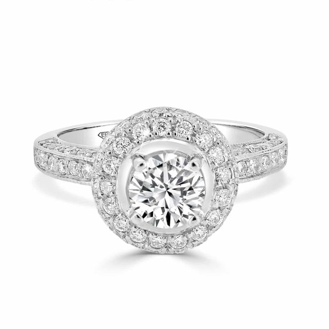 Round Brilliant Cut Pave Halo 0.70 CtRound diamond engagement ring with halo