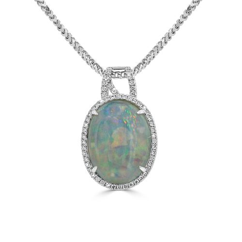 Oval Opal with round diamond halo Pendant