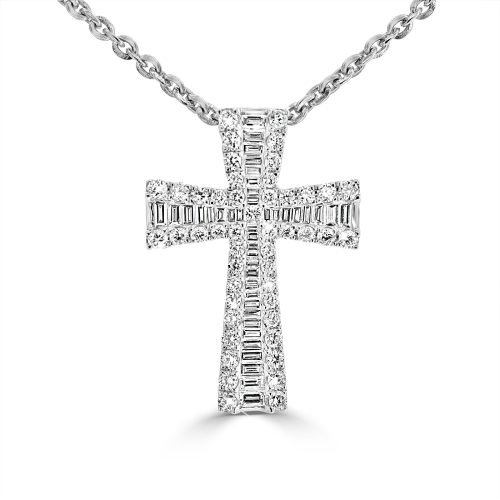 White Gold Baguette And Round Diamond Cross