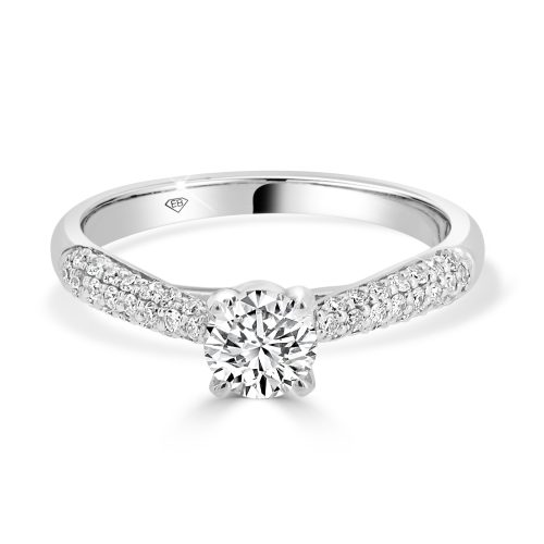 White Gold Engagement Ring with Round Brilliant Cut Diamond and Micropavé Band 0.45 Ct
