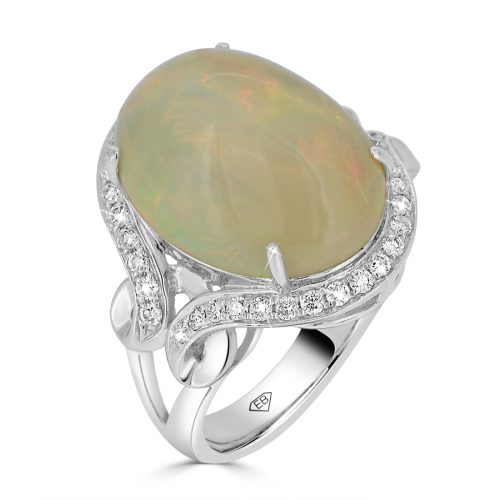 18kt White Gold Opal Ring with Diamond Accents