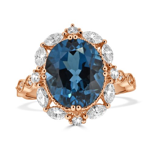 Blue Topaz and Diamond Halo Ring in 18kt Rose Gold