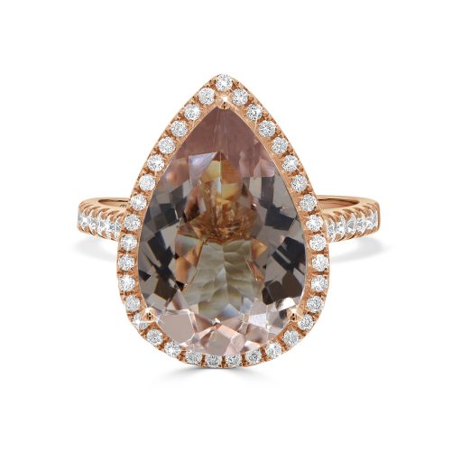 18kt Rose Gold Pear-Cut Morganite and Diamond Halo Ring