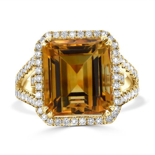 Emerald Cut Yellow Citrine and Diamond Cocktail Ring
