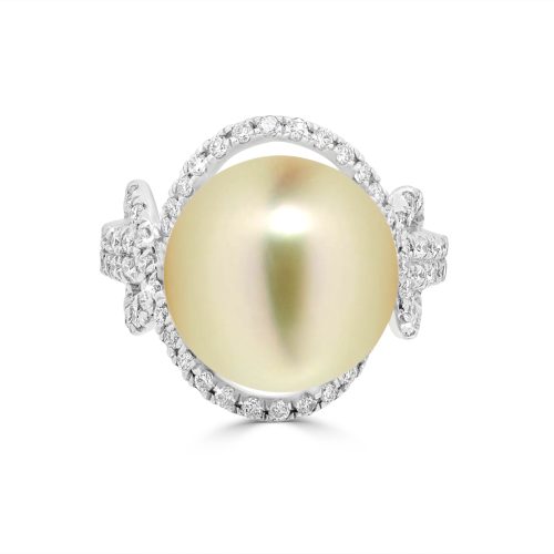 Golden Pearl Ring with Diamond Halo