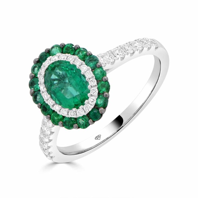 Emerald Ring with Double HaloEmerald and diamond halo ring in white gold