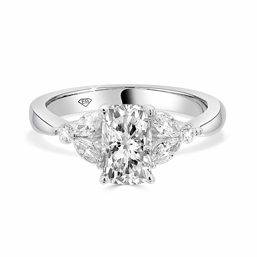 Elongated cushion cut engagement ring in white gold