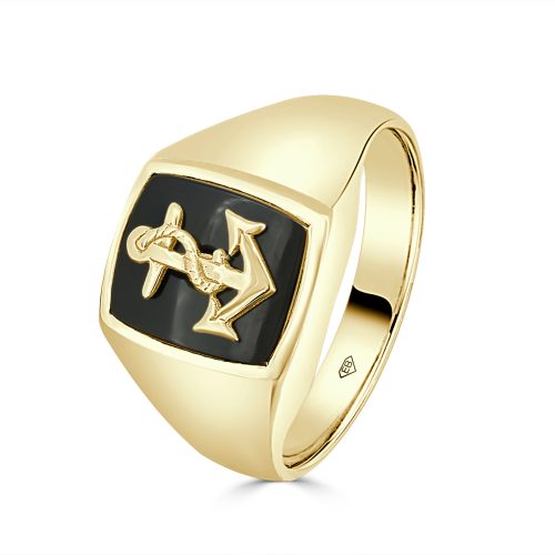 Yellow Gold Wedding Ring for Men – 9ct with Onyx & Anchor