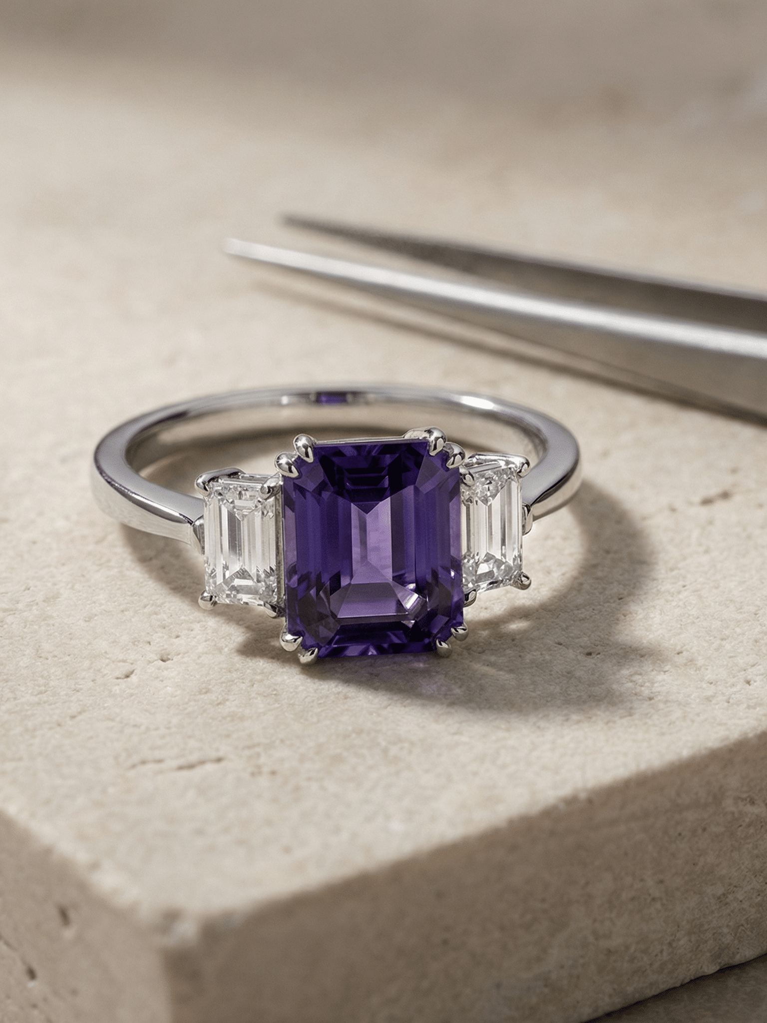 Diamond and Cushion Shape Amethyst Ring