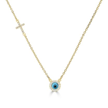 Diamond Cross and Evil Eye Necklace