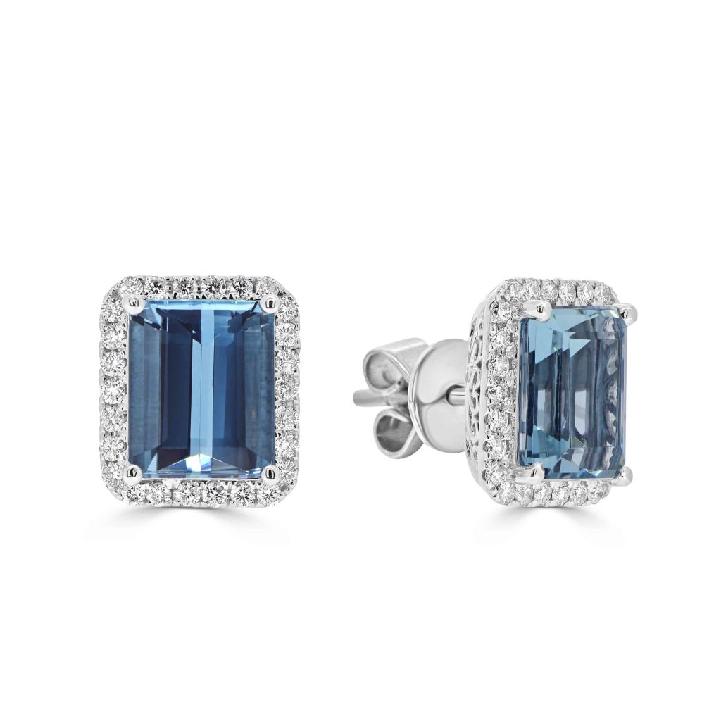 Emerlad Aquamarine with Round Diamond Halo Studs