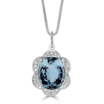 Oval Aquamarine with Round Diamond Flower Halo Pendant