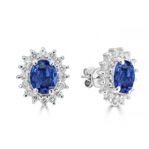 Oval sapphire with round diamond halo studs