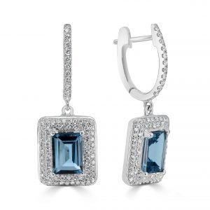 Emerald London blue topaz with round diamond double halo drop earrings