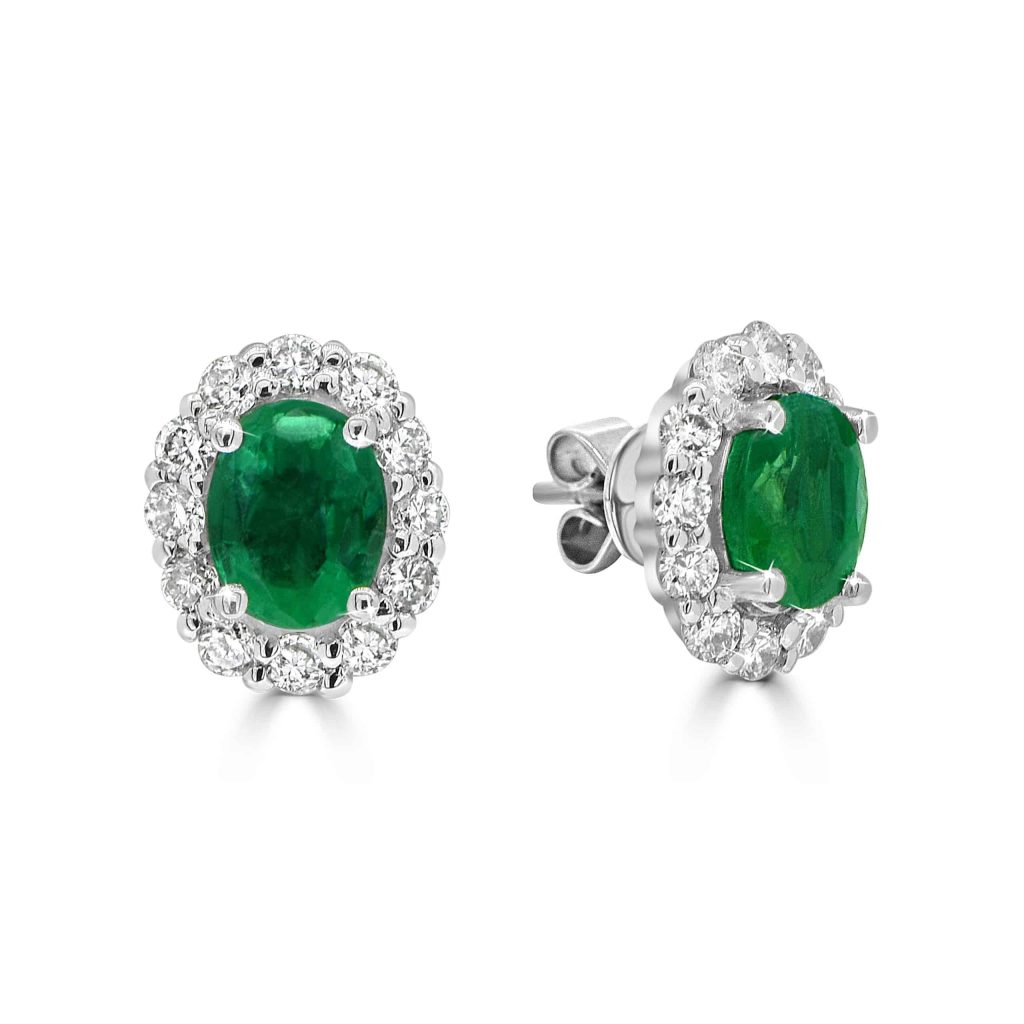 Oval-Cut Emerald and Diamond Halo Stud Earrings