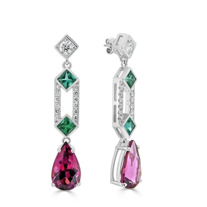 Emerald, Rubellite and Diamond Drop Earrings