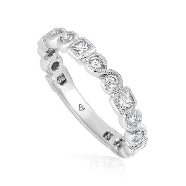 White Gold Diamond Band Bezel SettingRound and Princess Diamond Wedding Band in Gold