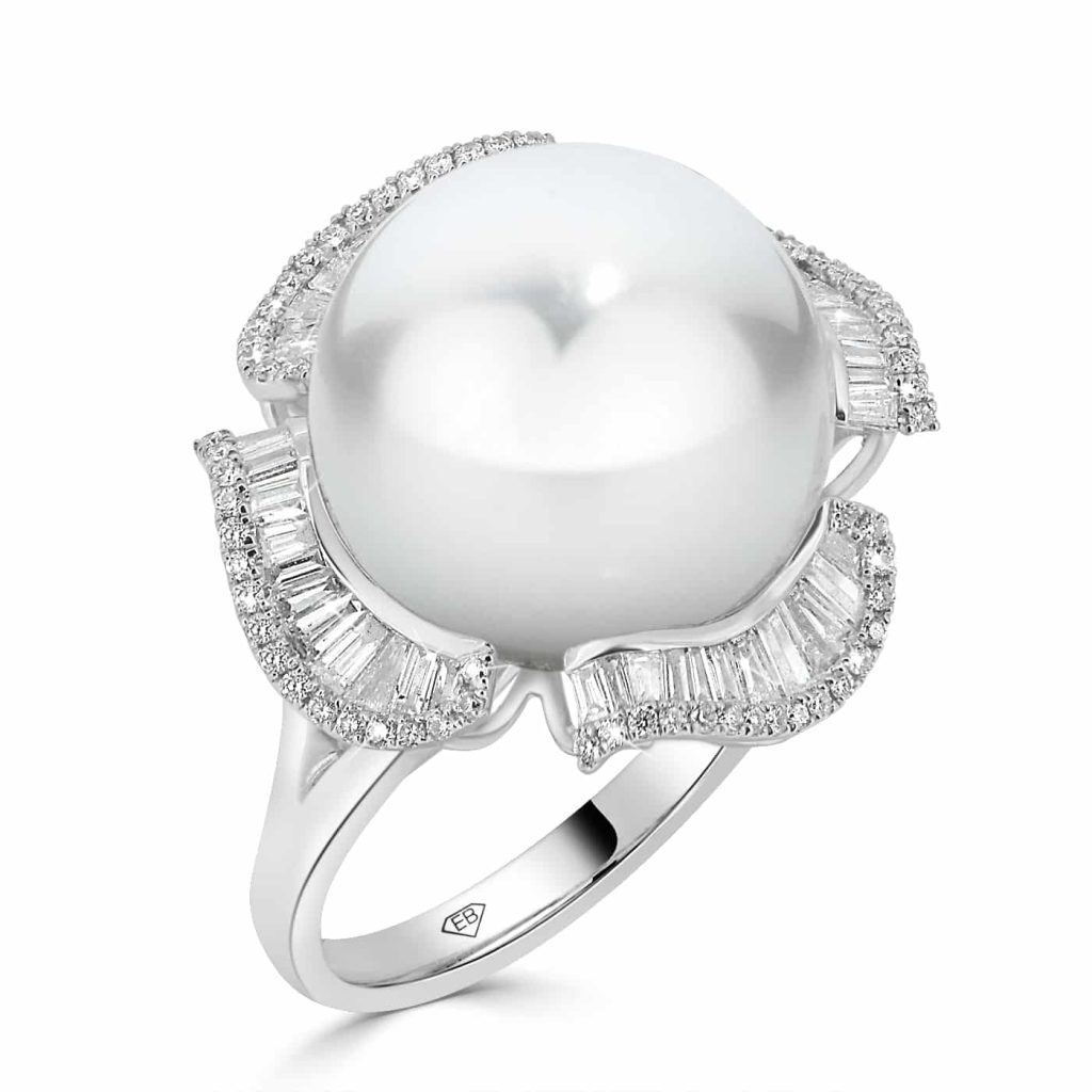 Pearl Ring With Baguette and Round Brilliant Cut Diamond Halo
