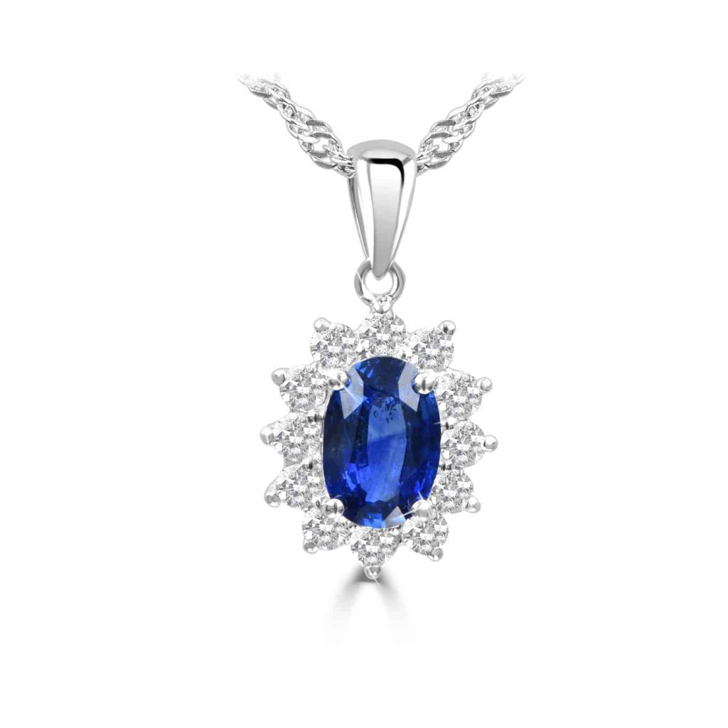 Oval Blue Sapphire and Diamond Halo Pendant